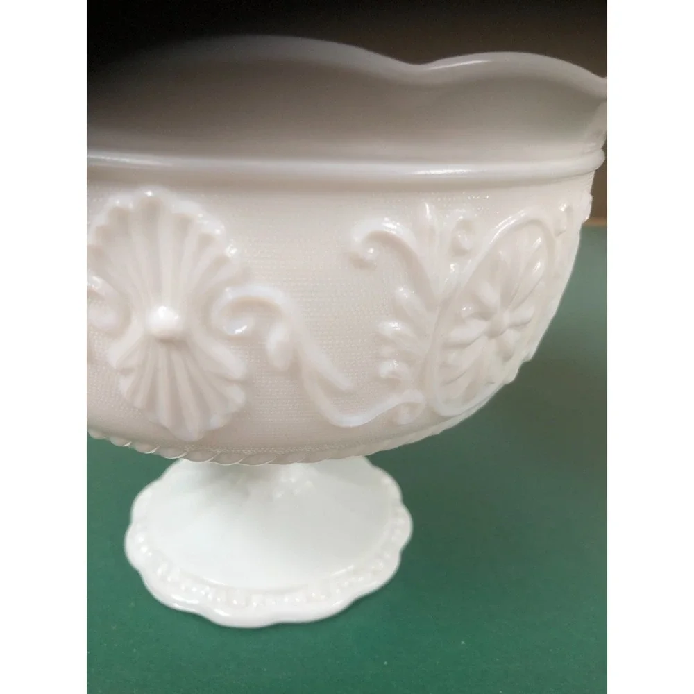 Vintage Milk Glass Pedestal Compote Candy Bowl Scalloped Rim Embossed Floral